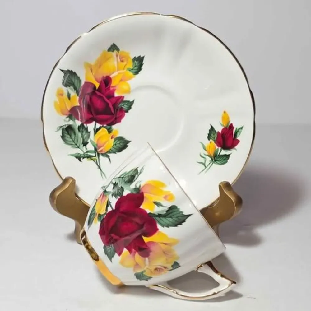 Royal Wentworth Teacup and Saucer Red Yellow Roses Vintage
